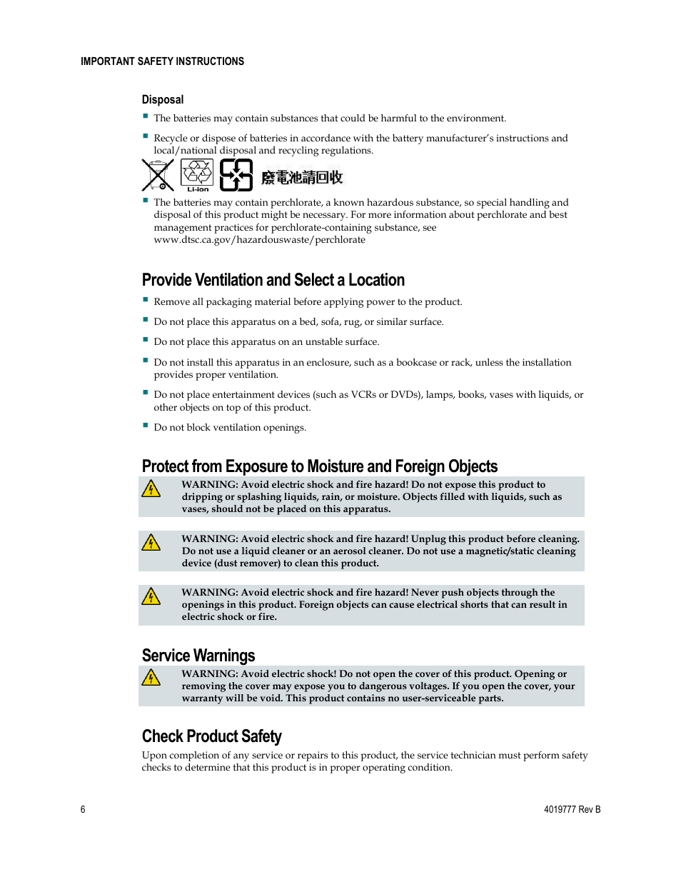 Provide ventilation and select a location, Service warnings, Check product safety | Cisco DPQ3212 User Manual | Page 6 / 40