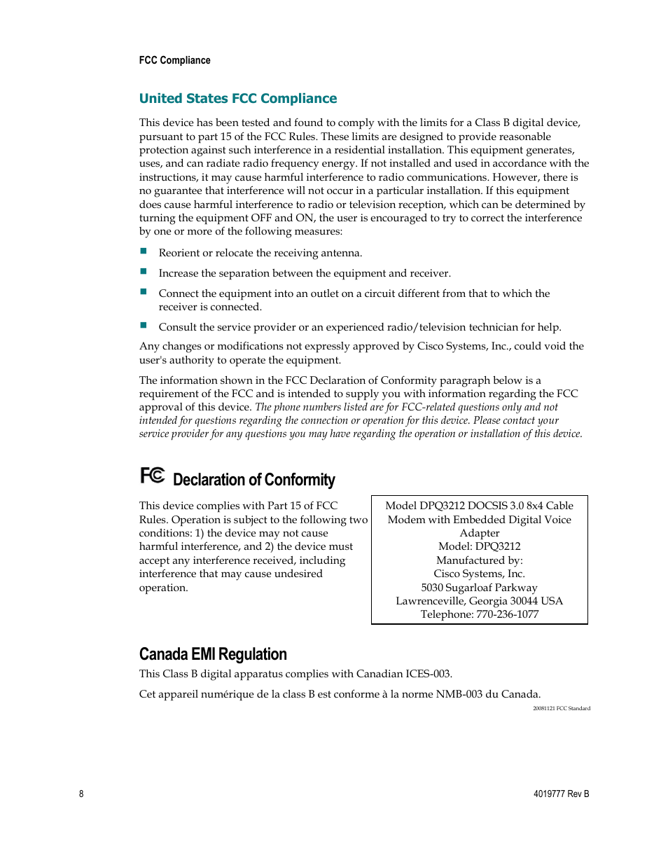 Declaration of conformity, Canada emi regulation | Cisco DPQ3212 User Manual | Page 8 / 40