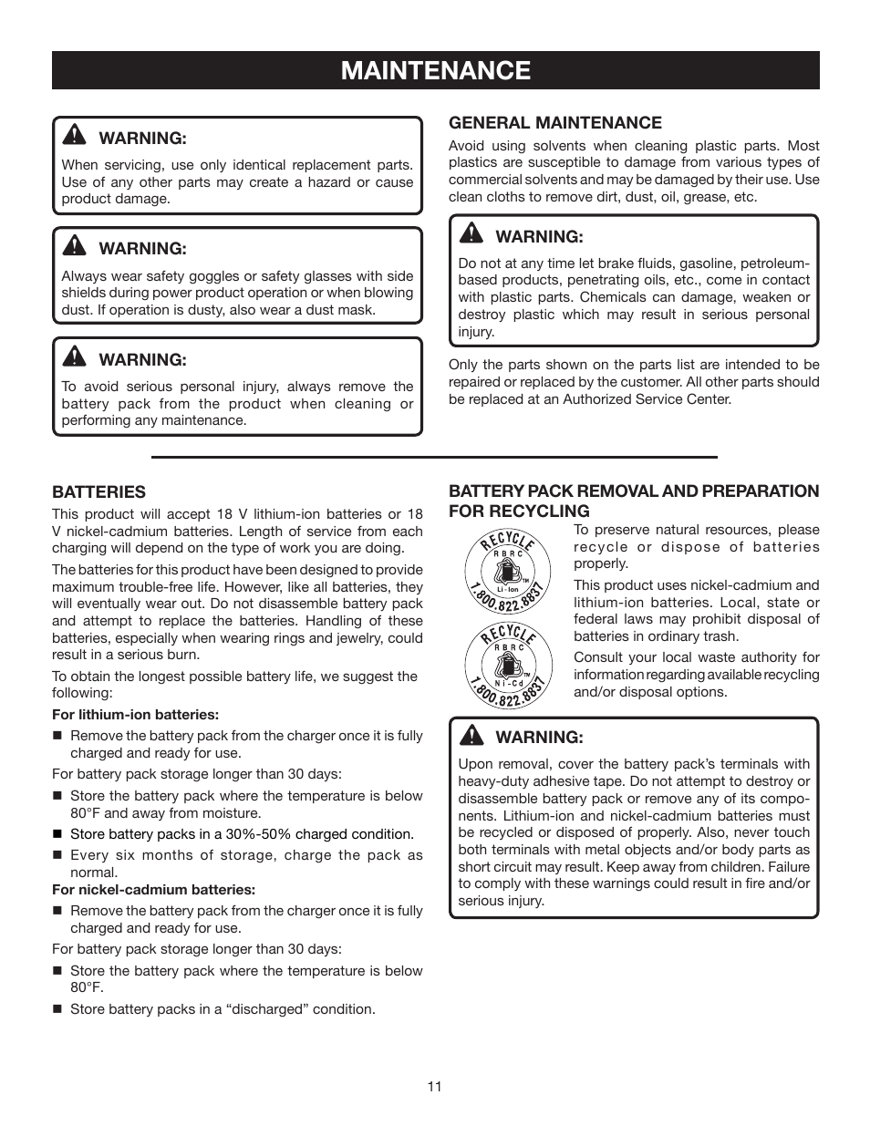 Maintenance | Ryobi P300 User Manual | Page 11 / 12