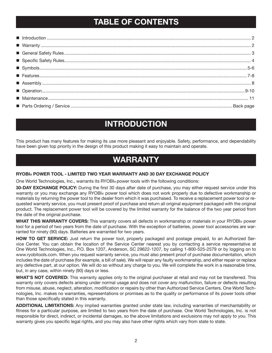 Table of contents introduction, Warranty | Ryobi P300 User Manual | Page 2 / 12