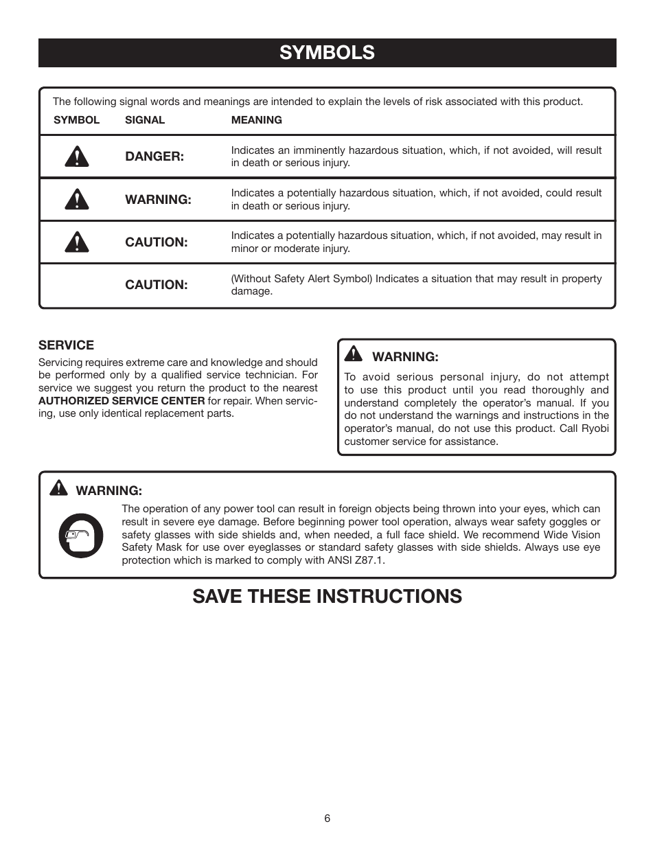 Symbols, Save these instructions | Ryobi P300 User Manual | Page 6 / 12