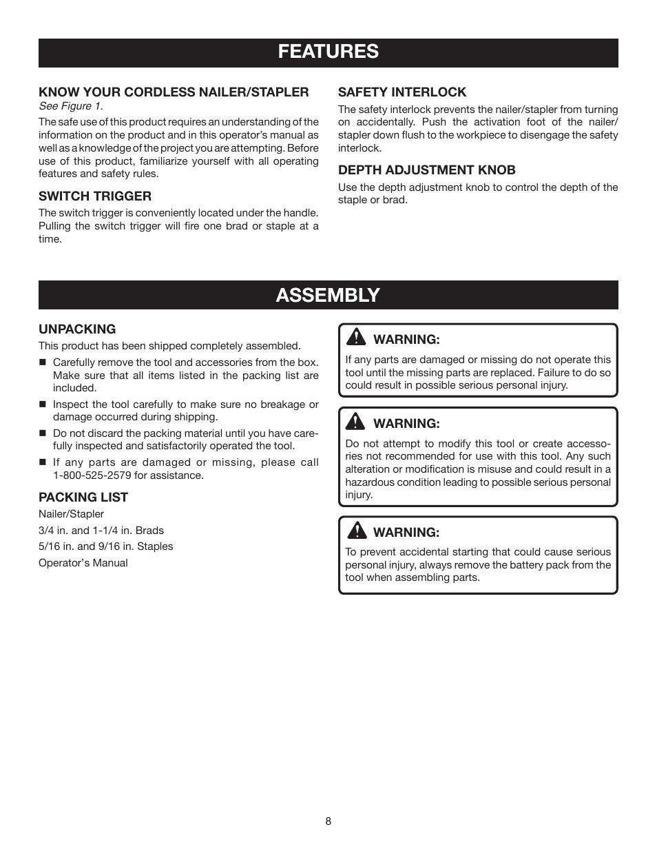 Features, Assembly | Ryobi P300 User Manual | Page 8 / 12