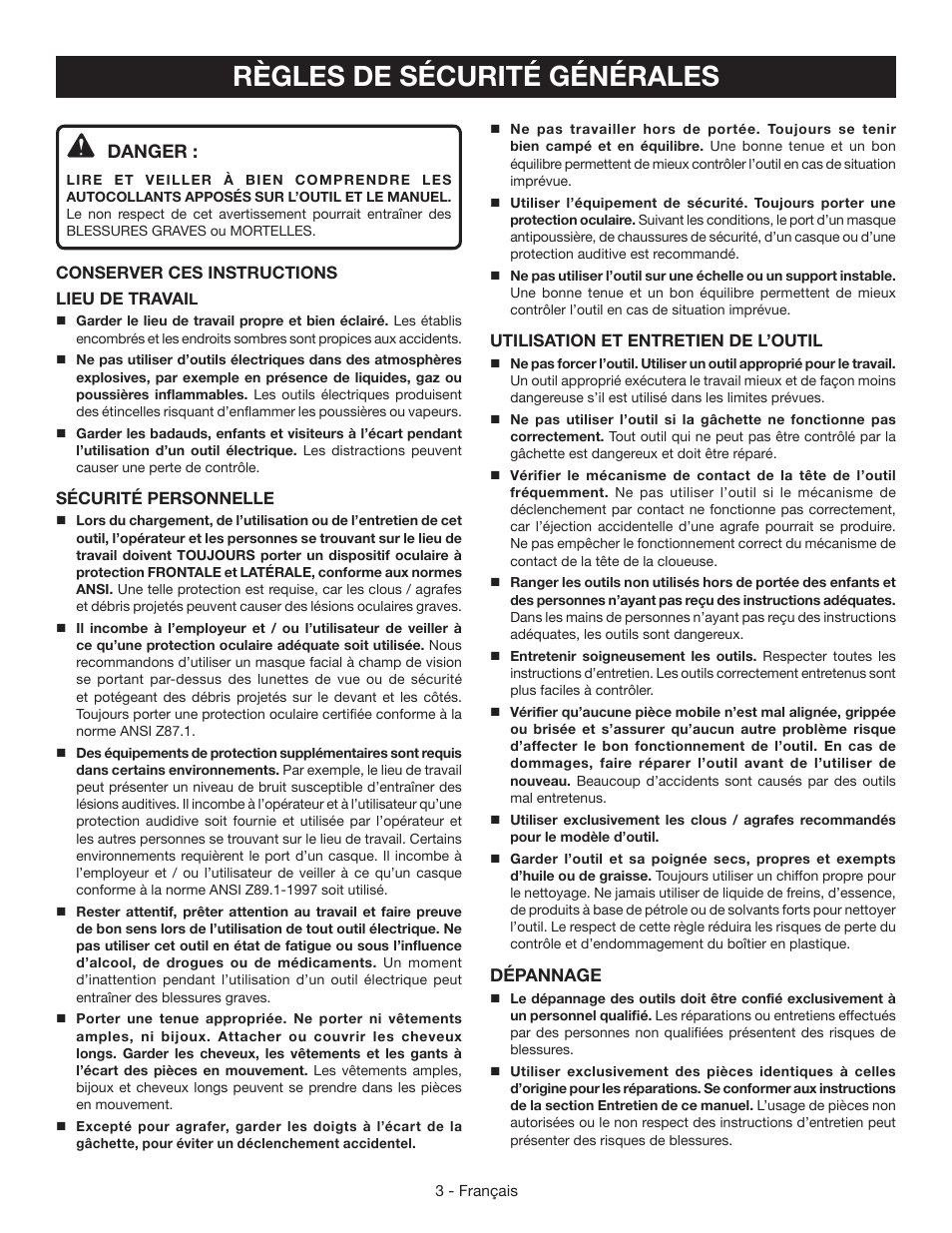 Règles de sécurité générales | Ryobi YN200BNE User Manual | Page 16 / 44