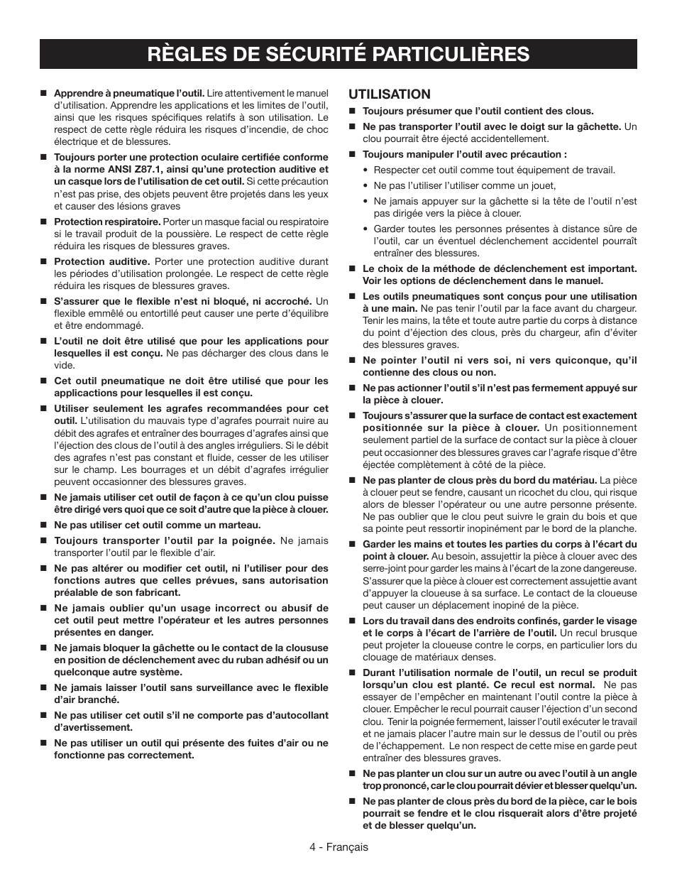 Règles de sécurité particulières, Utilisation | Ryobi YN200BNE User Manual | Page 17 / 44