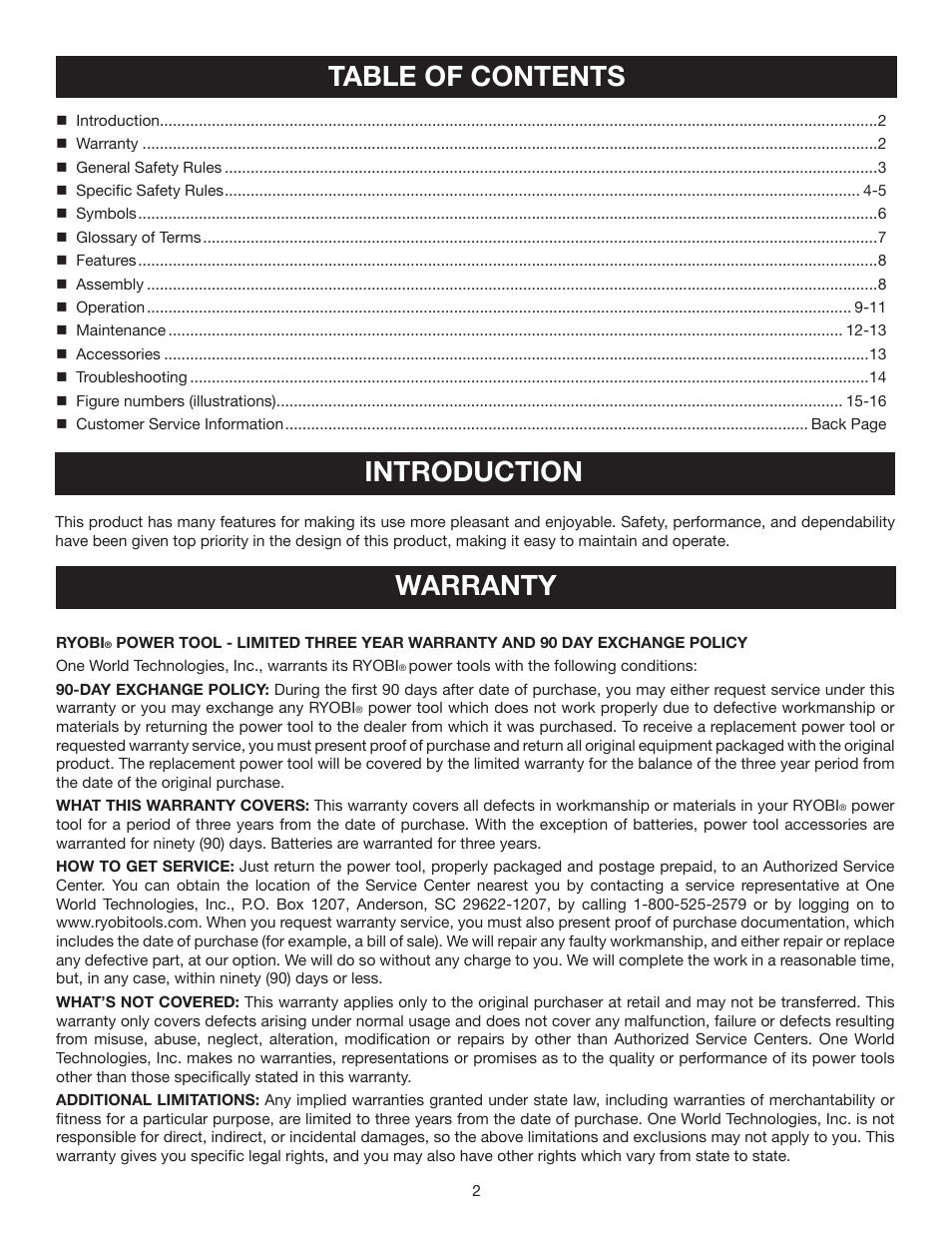 Table of contents introduction, Warranty | Ryobi YN200BNE User Manual | Page 2 / 44