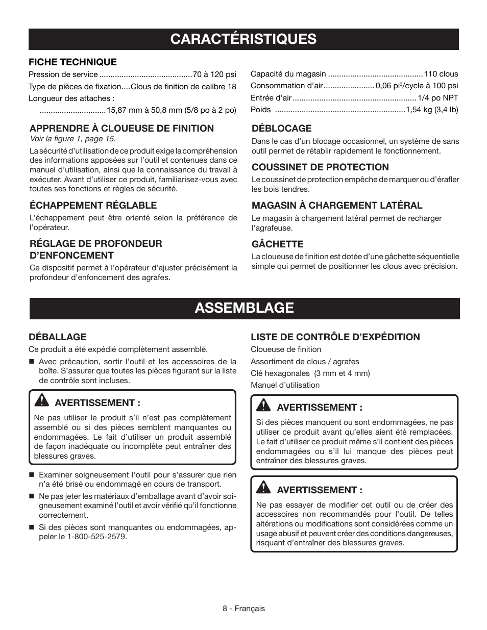 Caractéristiques, Assemblage | Ryobi YN200BNE User Manual | Page 21 / 44