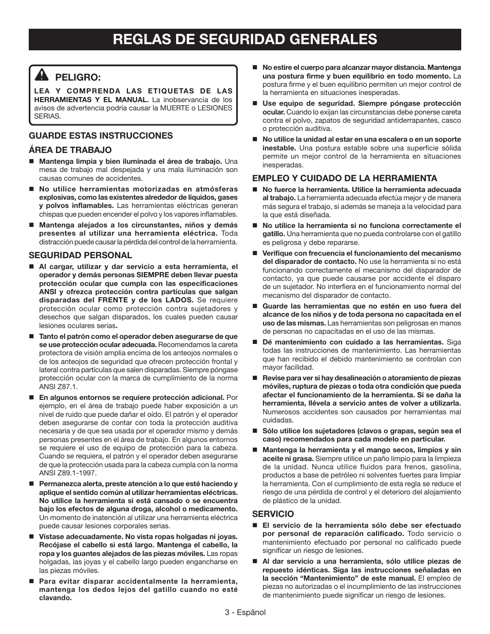 Reglas de seguridad generales, Peligro | Ryobi YN200BNE User Manual | Page 29 / 44