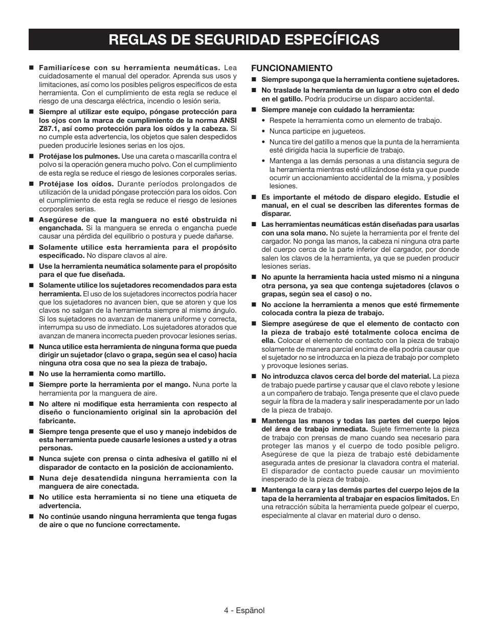 Reglas de seguridad específicas | Ryobi YN200BNE User Manual | Page 30 / 44