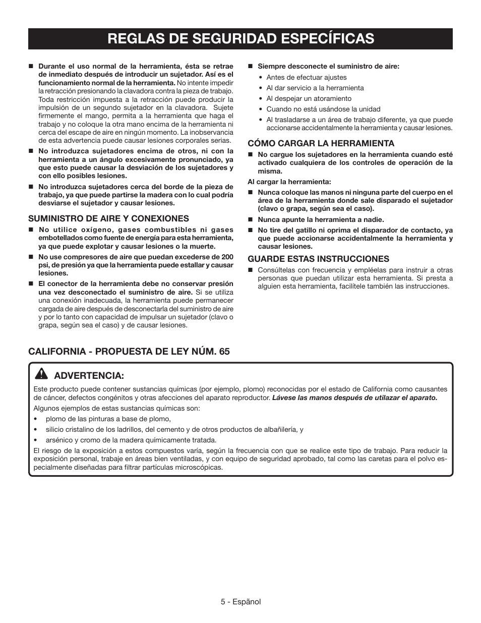 Reglas de seguridad específicas | Ryobi YN200BNE User Manual | Page 31 / 44