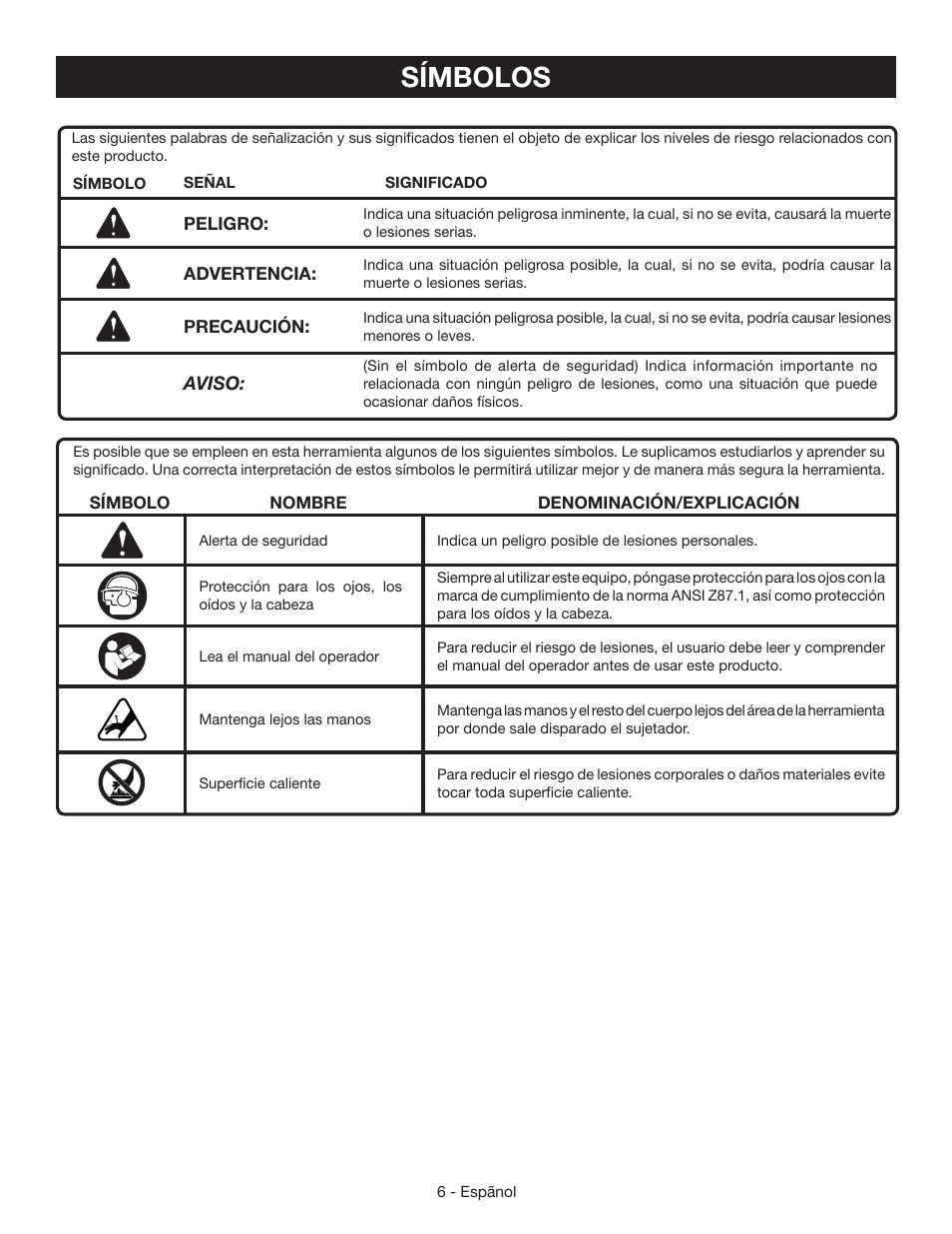 Símbolos | Ryobi YN200BNE User Manual | Page 32 / 44