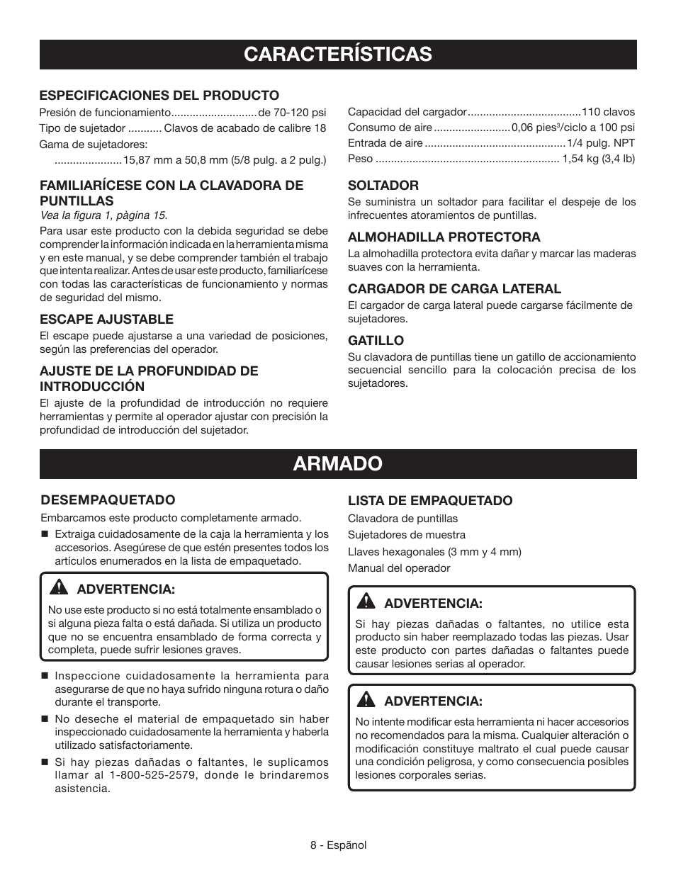 Características, Armado | Ryobi YN200BNE User Manual | Page 34 / 44