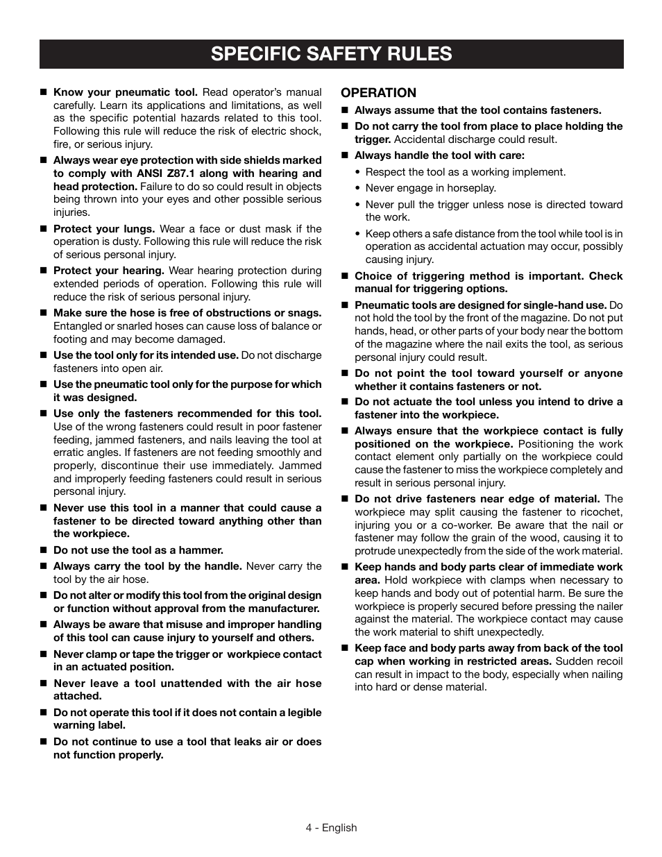 Specific safety rules | Ryobi YN200BNE User Manual | Page 4 / 44