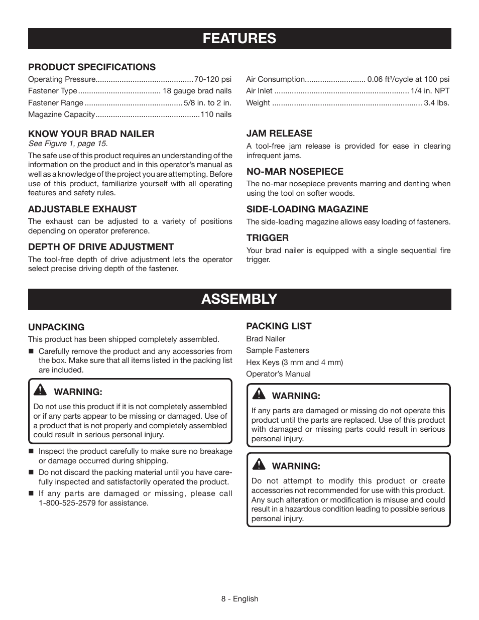 Features, Assembly | Ryobi YN200BNE User Manual | Page 8 / 44