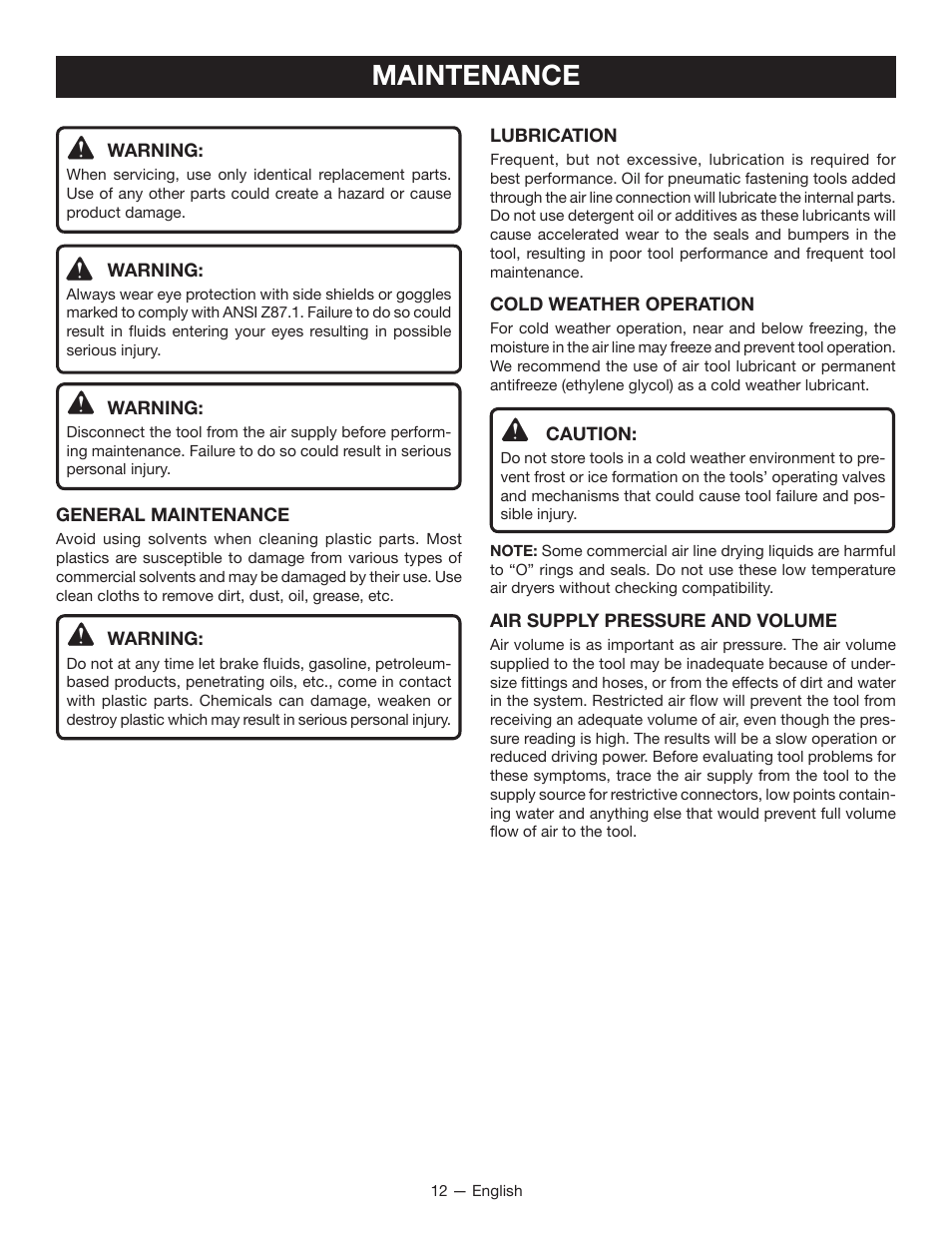 Maintenance | Ryobi YN250FSE User Manual | Page 12 / 44