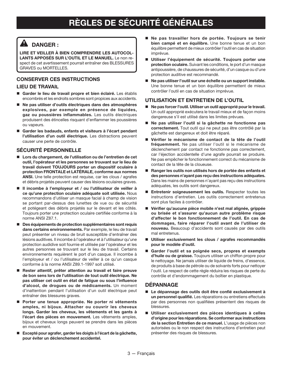 Règles de sécurité générales | Ryobi YN250FSE User Manual | Page 16 / 44