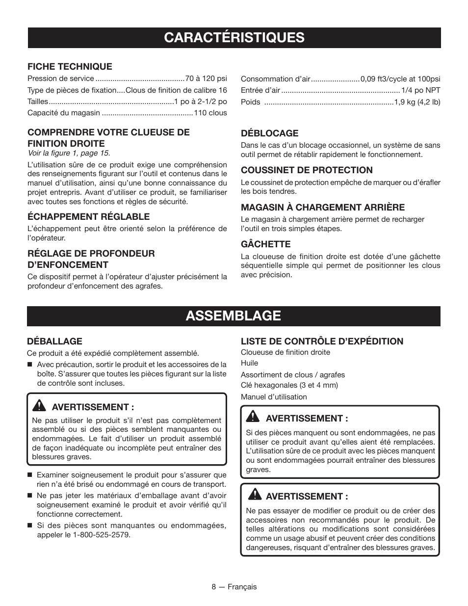 Caractéristiques, Assemblage | Ryobi YN250FSE User Manual | Page 21 / 44