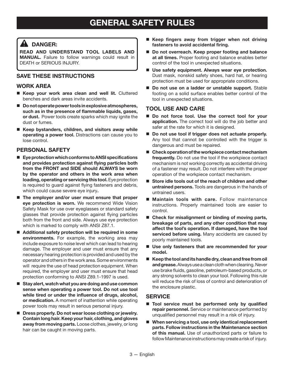General safety rules | Ryobi YN250FSE User Manual | Page 3 / 44