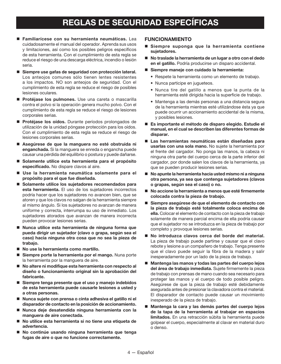 Reglas de seguridad específicas | Ryobi YN250FSE User Manual | Page 30 / 44