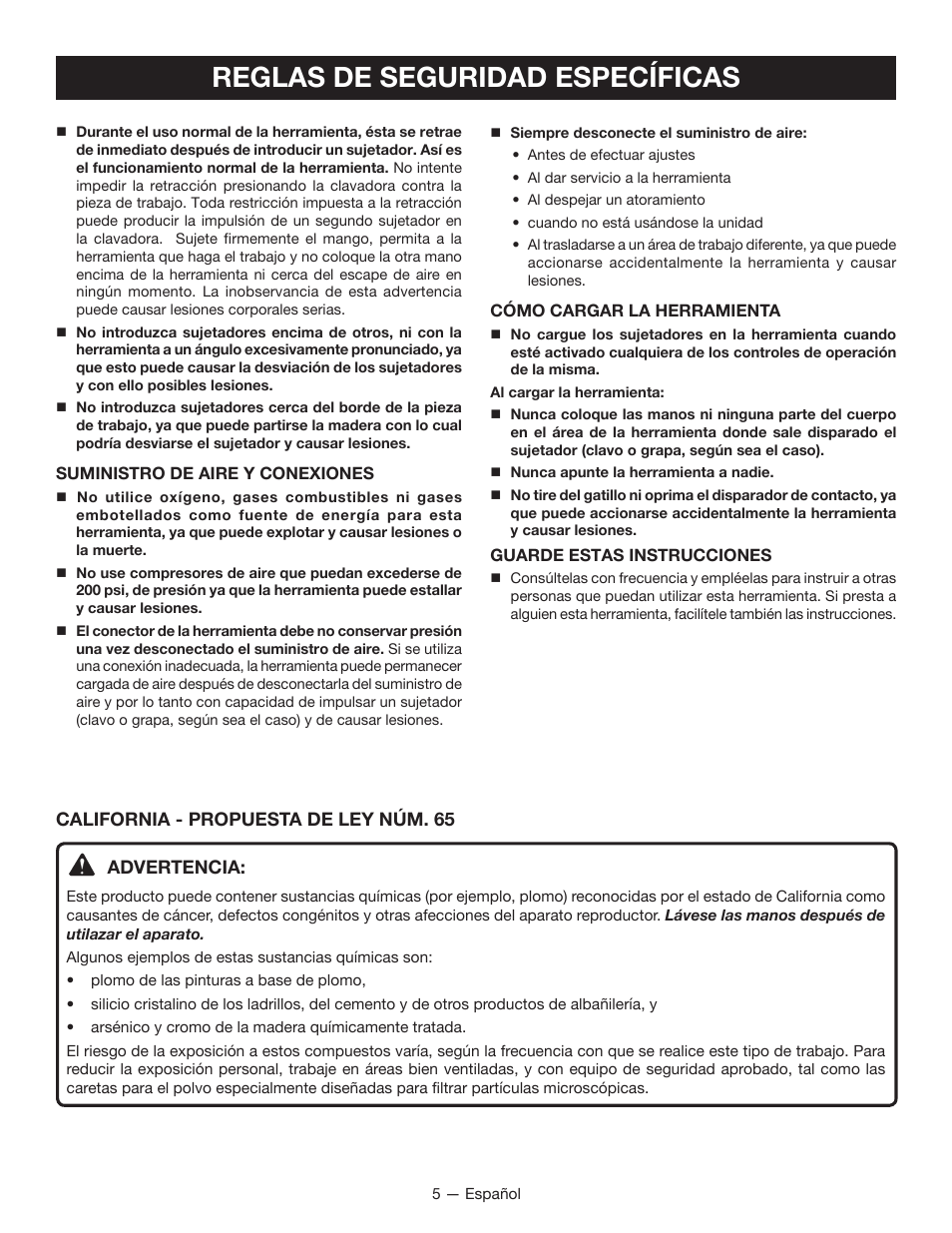 Reglas de seguridad específicas | Ryobi YN250FSE User Manual | Page 31 / 44
