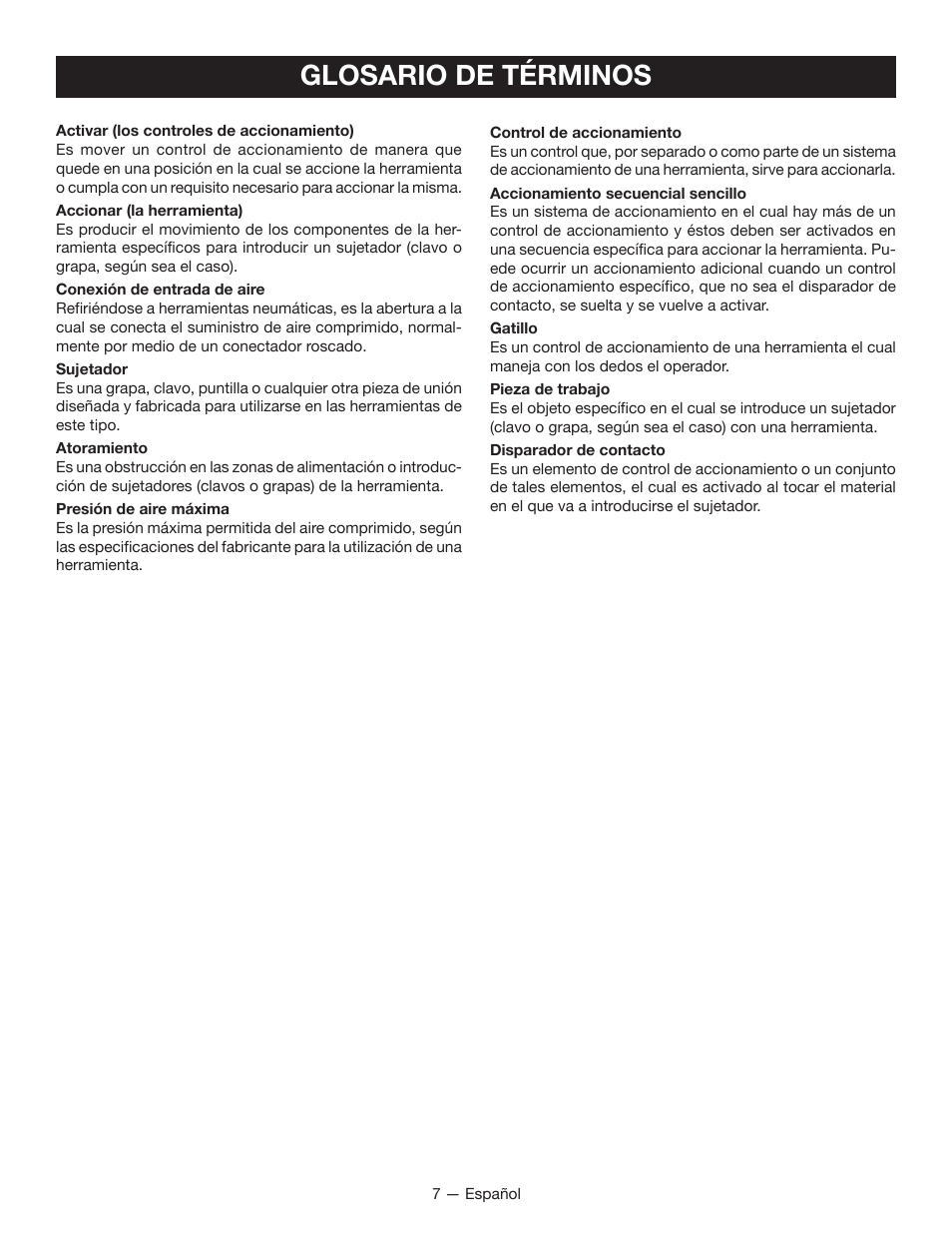 Glosario de términos | Ryobi YN250FSE User Manual | Page 33 / 44