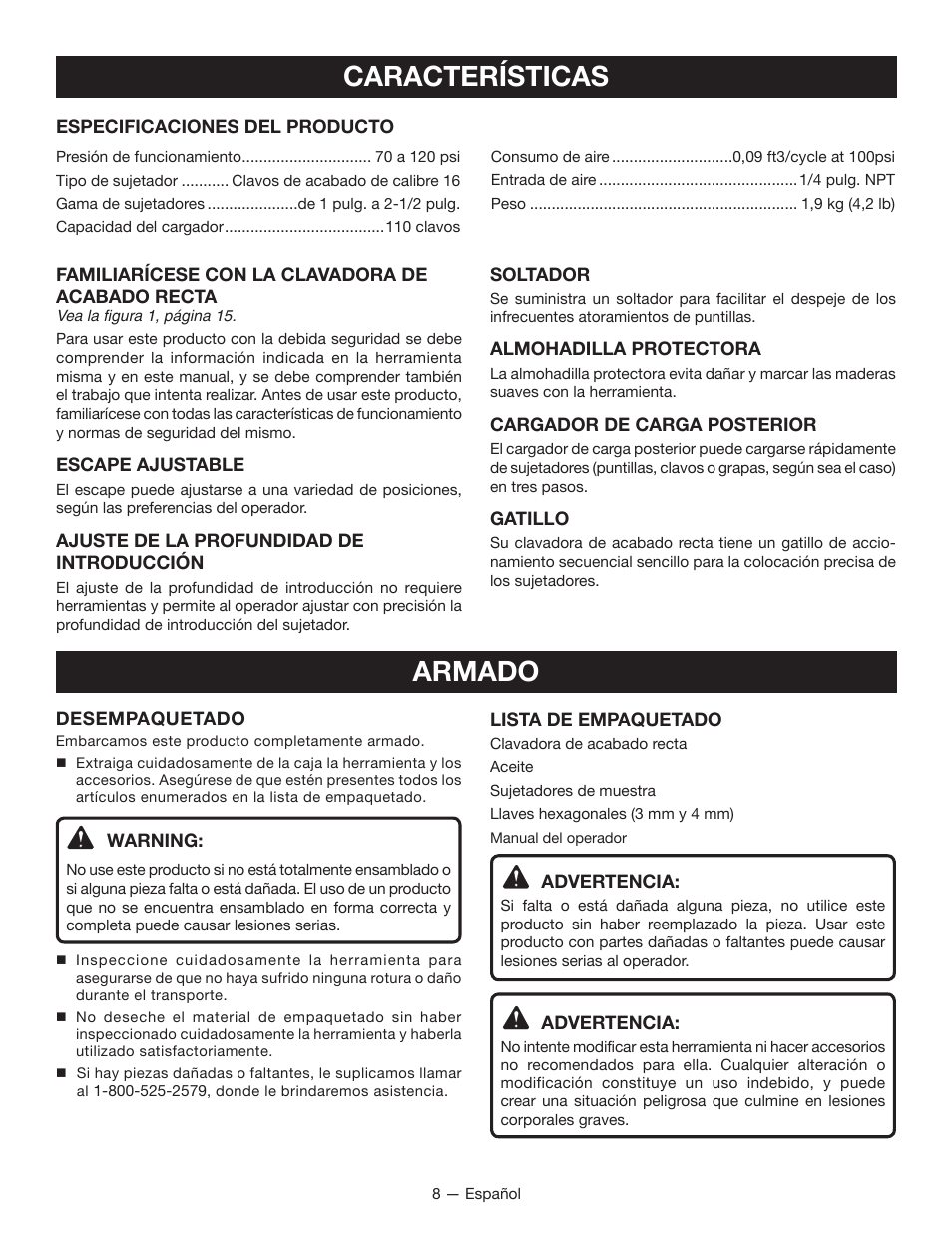 Características, Armado | Ryobi YN250FSE User Manual | Page 34 / 44