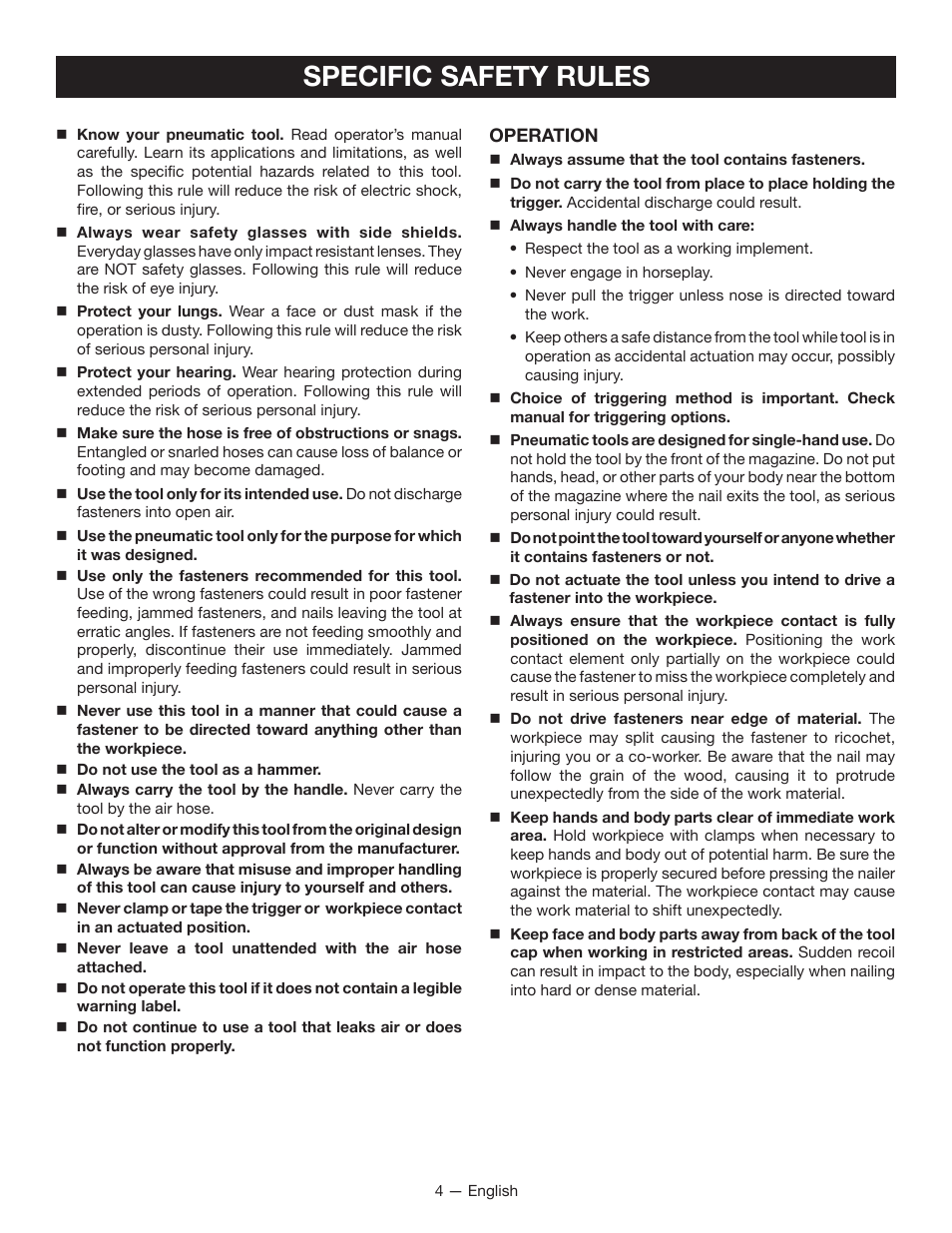 Specific safety rules | Ryobi YN250FSE User Manual | Page 4 / 44