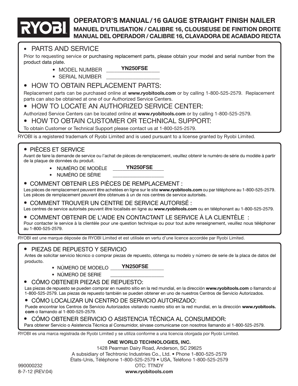 Parts and service, How to obtain replacement parts, How to locate an authorized service center | How to obtain customer or technical support | Ryobi YN250FSE User Manual | Page 44 / 44