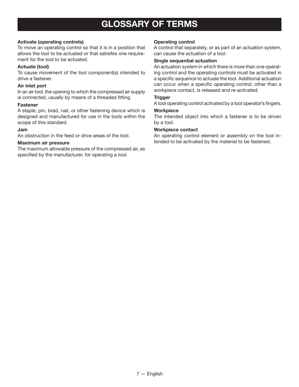 Glossary of terms | Ryobi YN250FSE User Manual | Page 7 / 44