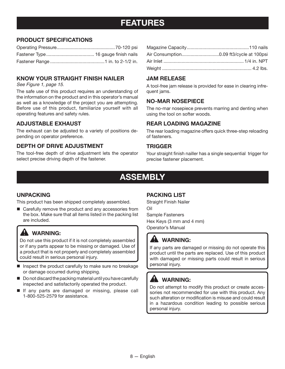 Features, Assembly | Ryobi YN250FSE User Manual | Page 8 / 44