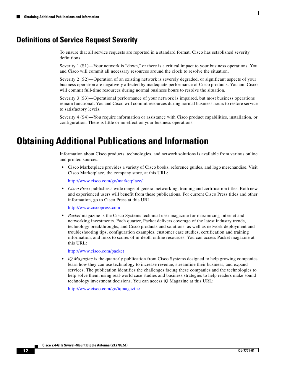 Definitions of service request severity, Obtaining additional publications and information | Cisco Cisco 2.4-GHz Swivel-Mount Dipole Antenna 23.7786.51 User Manual | Page 12 / 14