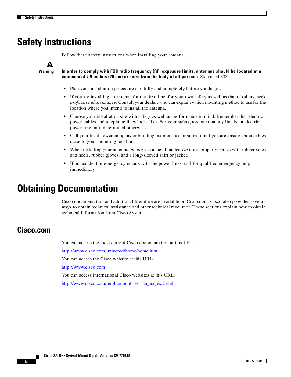 Safety instructions, Obtaining documentation, Cisco.com | Cisco Cisco 2.4-GHz Swivel-Mount Dipole Antenna 23.7786.51 User Manual | Page 8 / 14