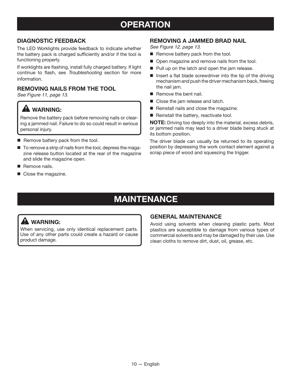 Operation, Maintenance | Ryobi P320 User Manual | Page 10 / 36