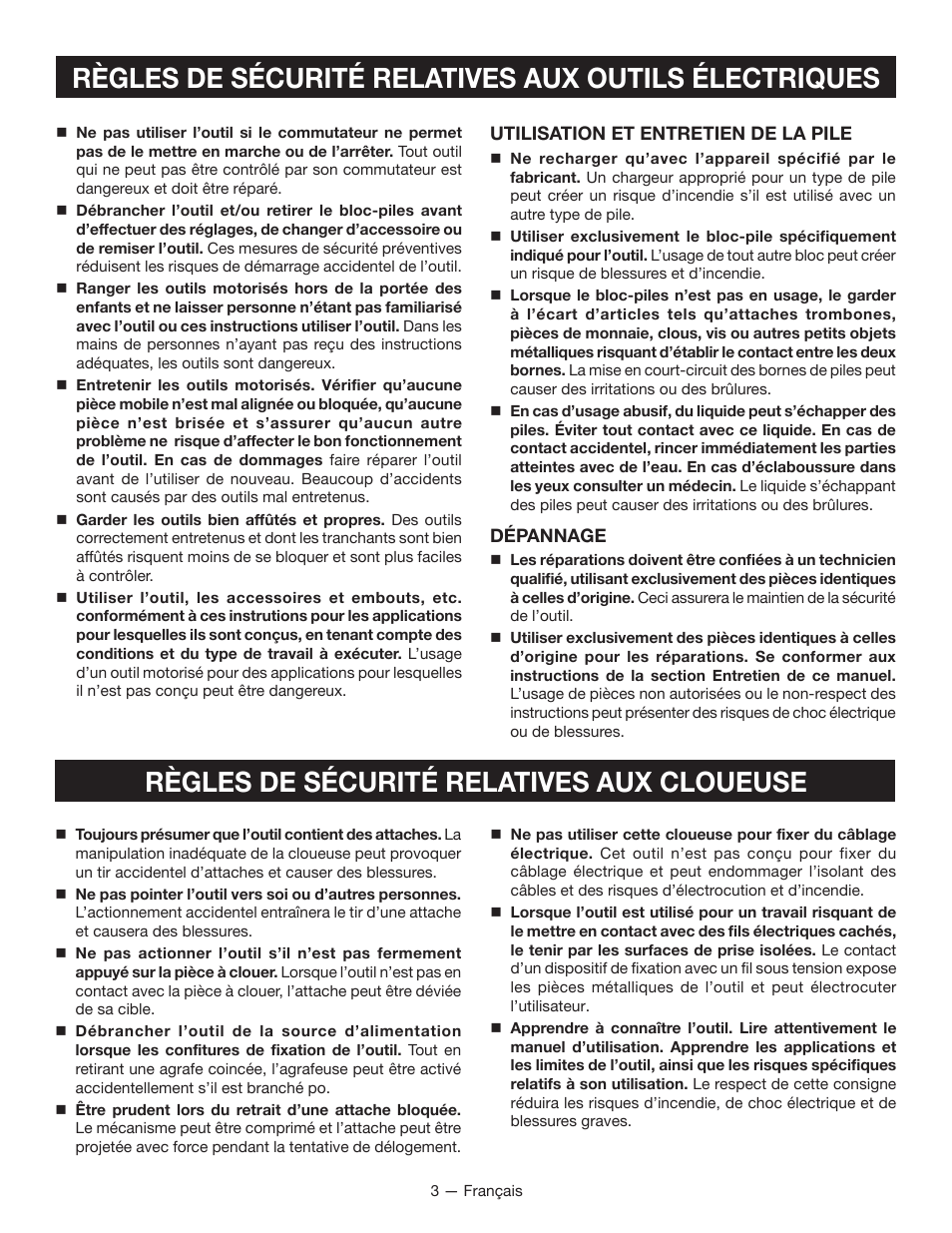 Règles de sécurité relatives aux cloueuse | Ryobi P320 User Manual | Page 13 / 36