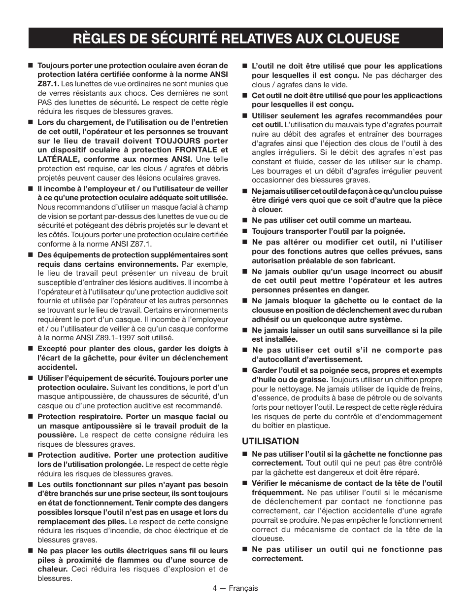 Règles de sécurité relatives aux cloueuse | Ryobi P320 User Manual | Page 14 / 36