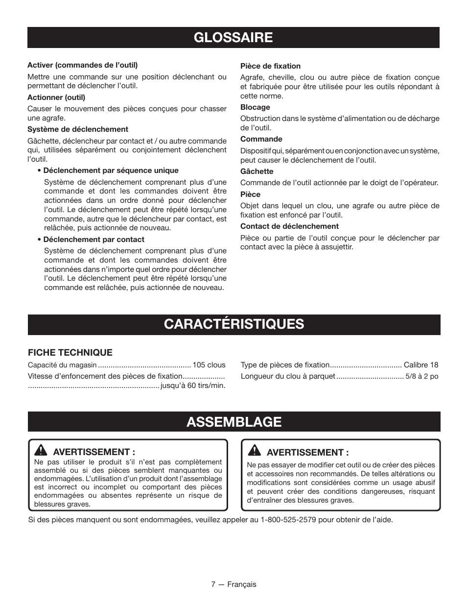 Glossaire, Caractéristiques, Assemblage | Ryobi P320 User Manual | Page 17 / 36