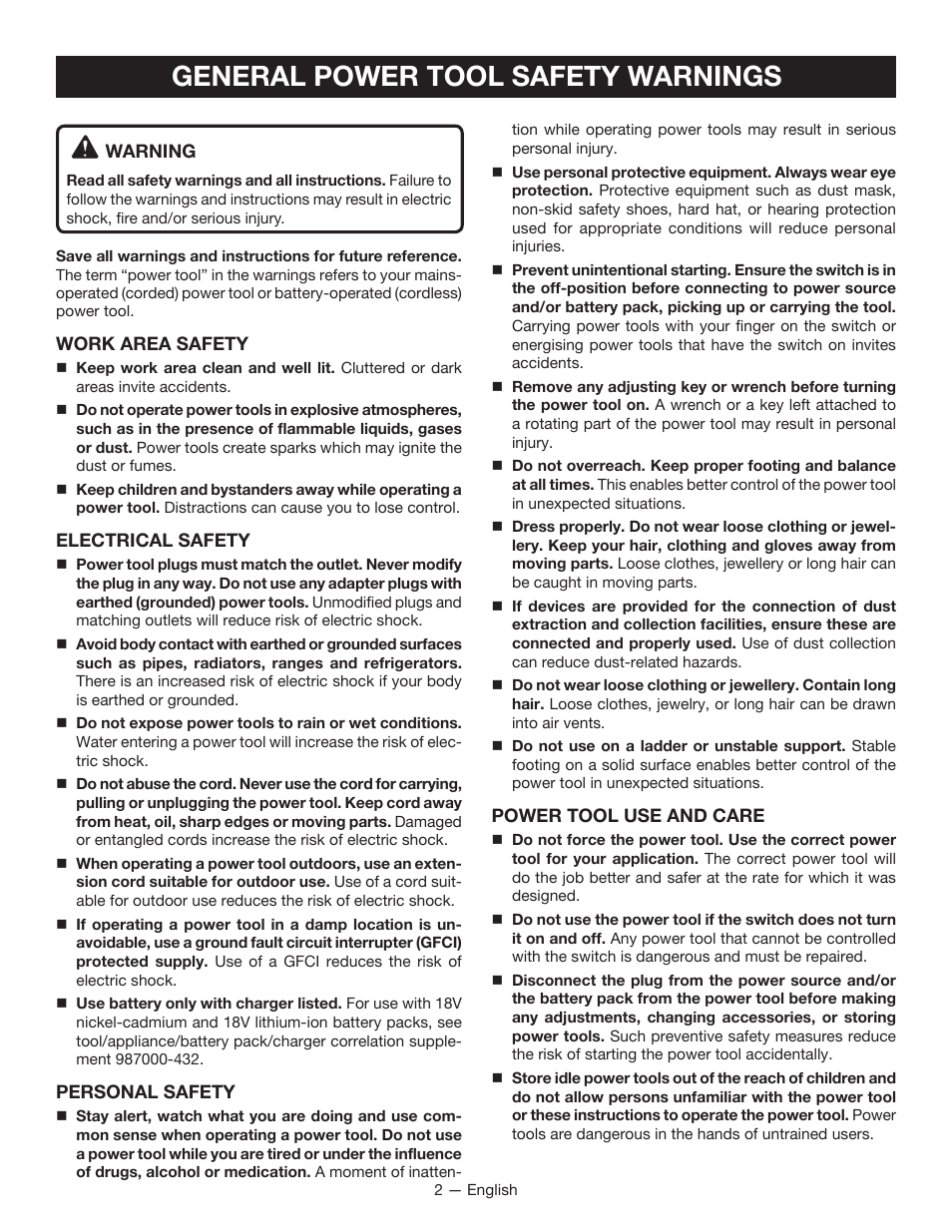 General power tool safety warnings | Ryobi P320 User Manual | Page 2 / 36