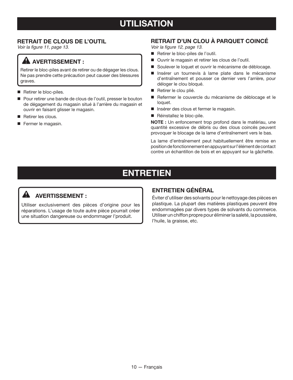 Utilisation, Entretien | Ryobi P320 User Manual | Page 20 / 36