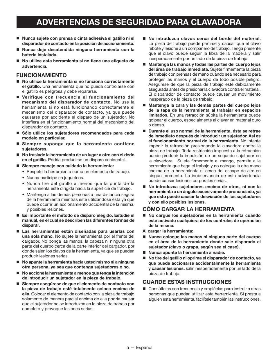 Advertencias de seguridad para clavadora, Funcionamiento, Cómo cargar la herramienta | Guarde estas instrucciones | Ryobi P320 User Manual | Page 25 / 36