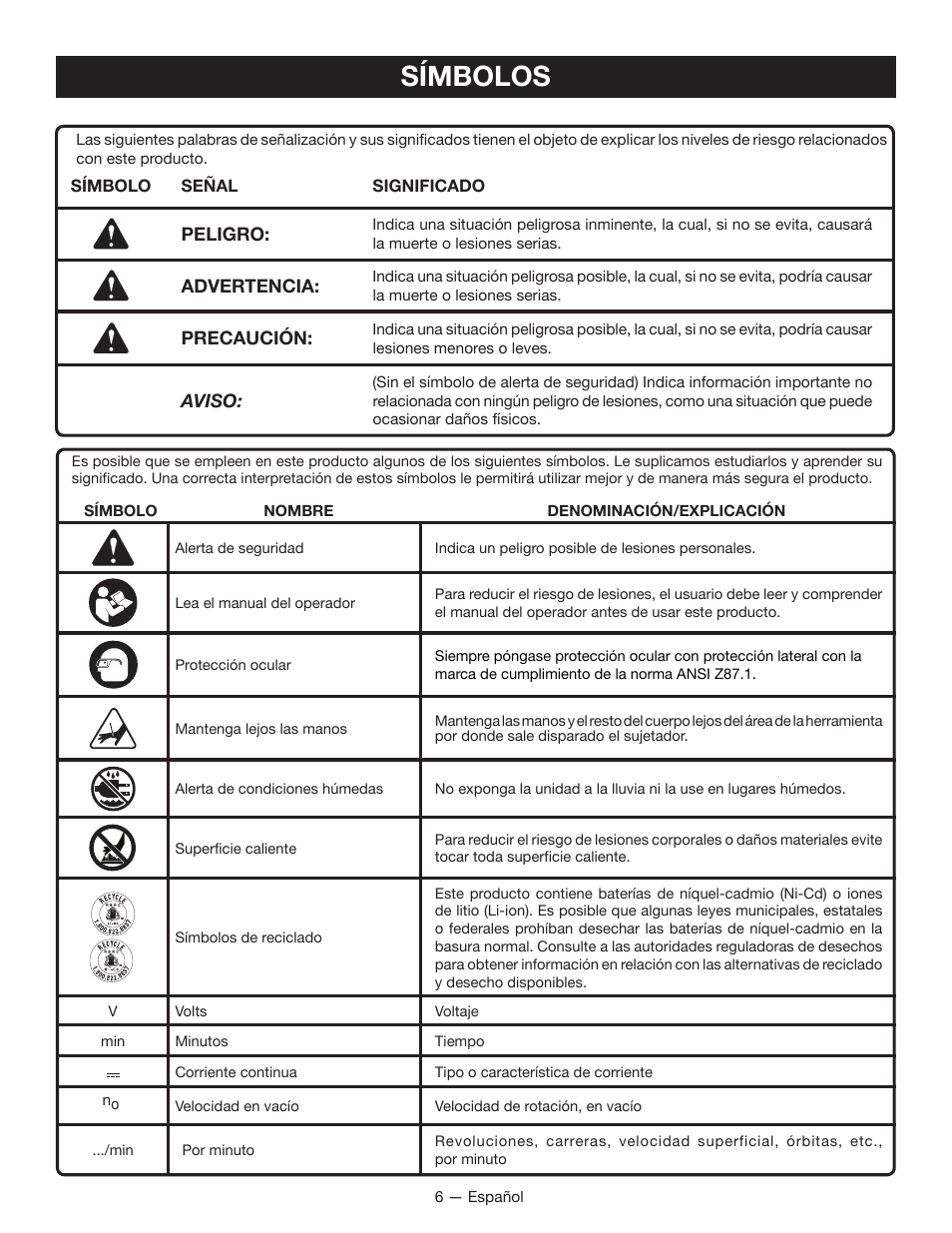 Símbolos | Ryobi P320 User Manual | Page 26 / 36