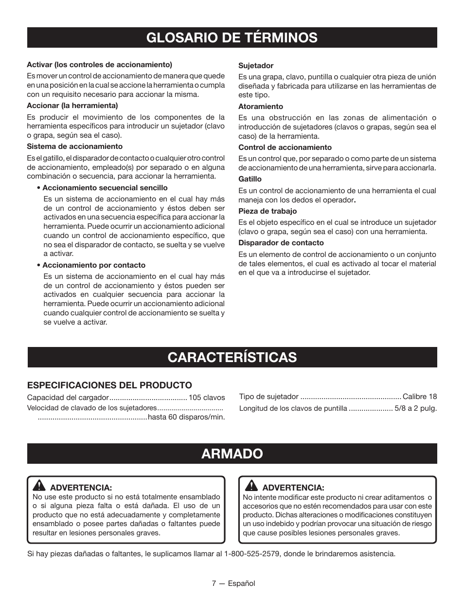 Glosario de términos características, Armado | Ryobi P320 User Manual | Page 27 / 36