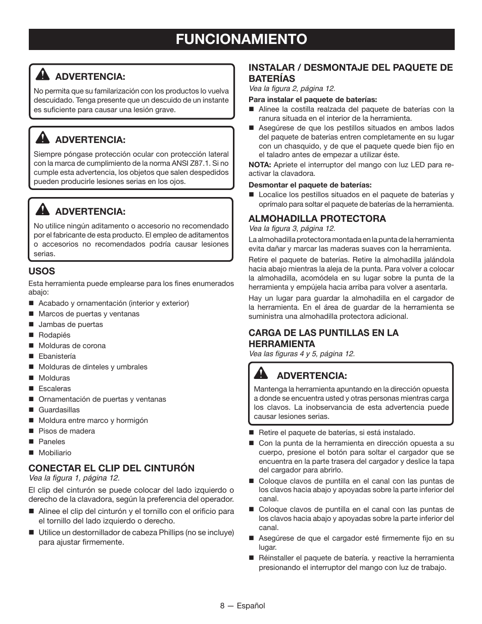 Funcionamiento | Ryobi P320 User Manual | Page 28 / 36