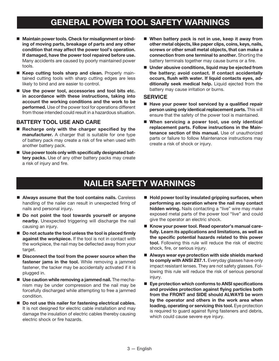 General power tool safety warnings, Nailer safety warnings | Ryobi P320 User Manual | Page 3 / 36