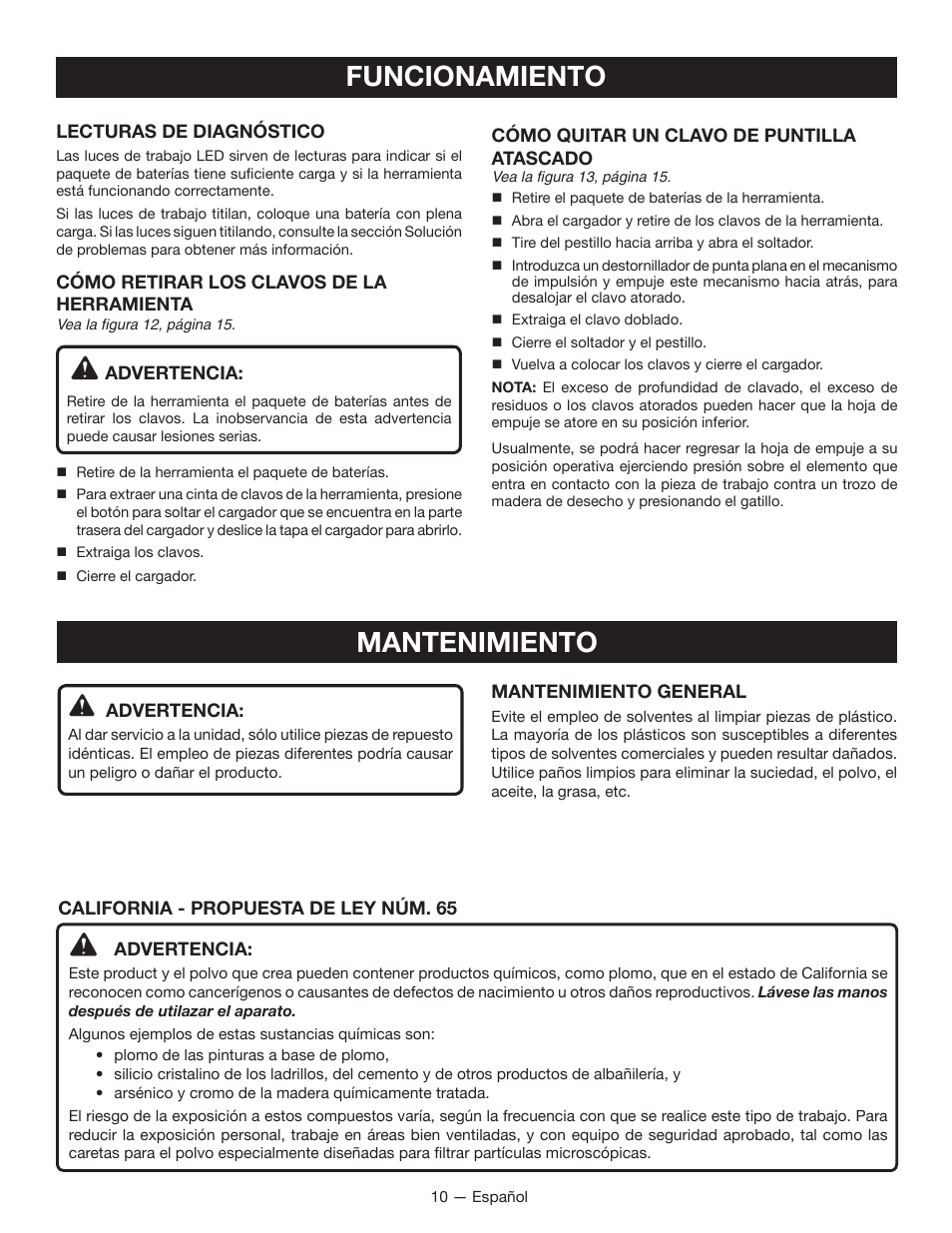 Funcionamiento, Mantenimiento | Ryobi P320 User Manual | Page 30 / 36