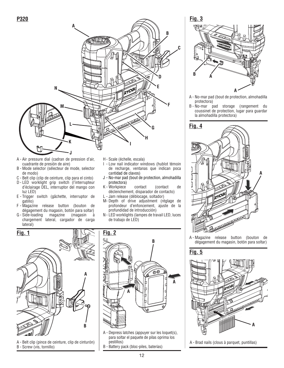 P320, Fig. 3 fig. 2, Fig. 4 | Fig. 1, Fig. 5, Ab b a, Hi a, A - brad nails (clous à parquet, puntillas) | Ryobi P320 User Manual | Page 33 / 36