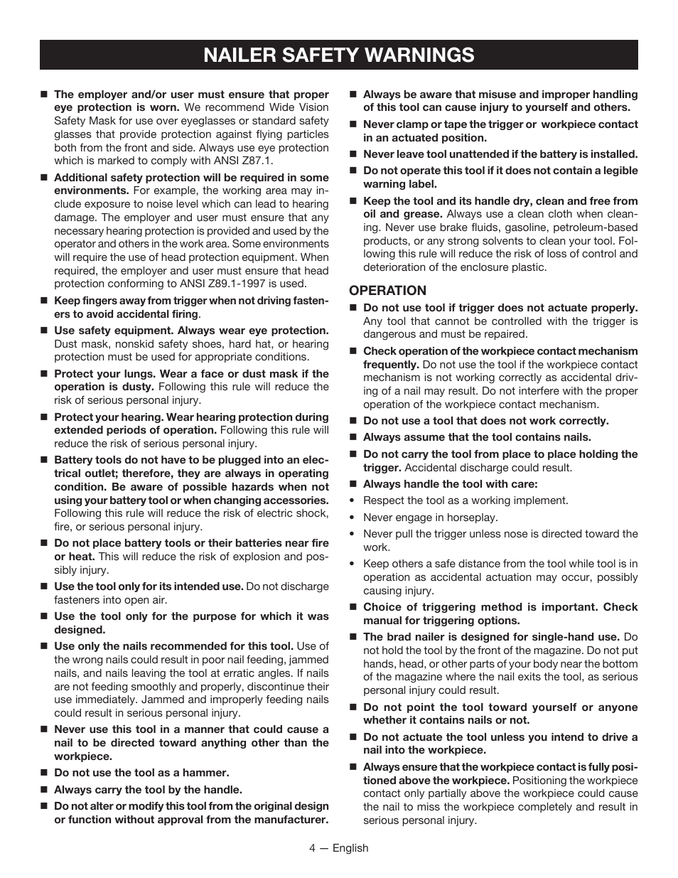 Nailer safety warnings | Ryobi P320 User Manual | Page 4 / 36