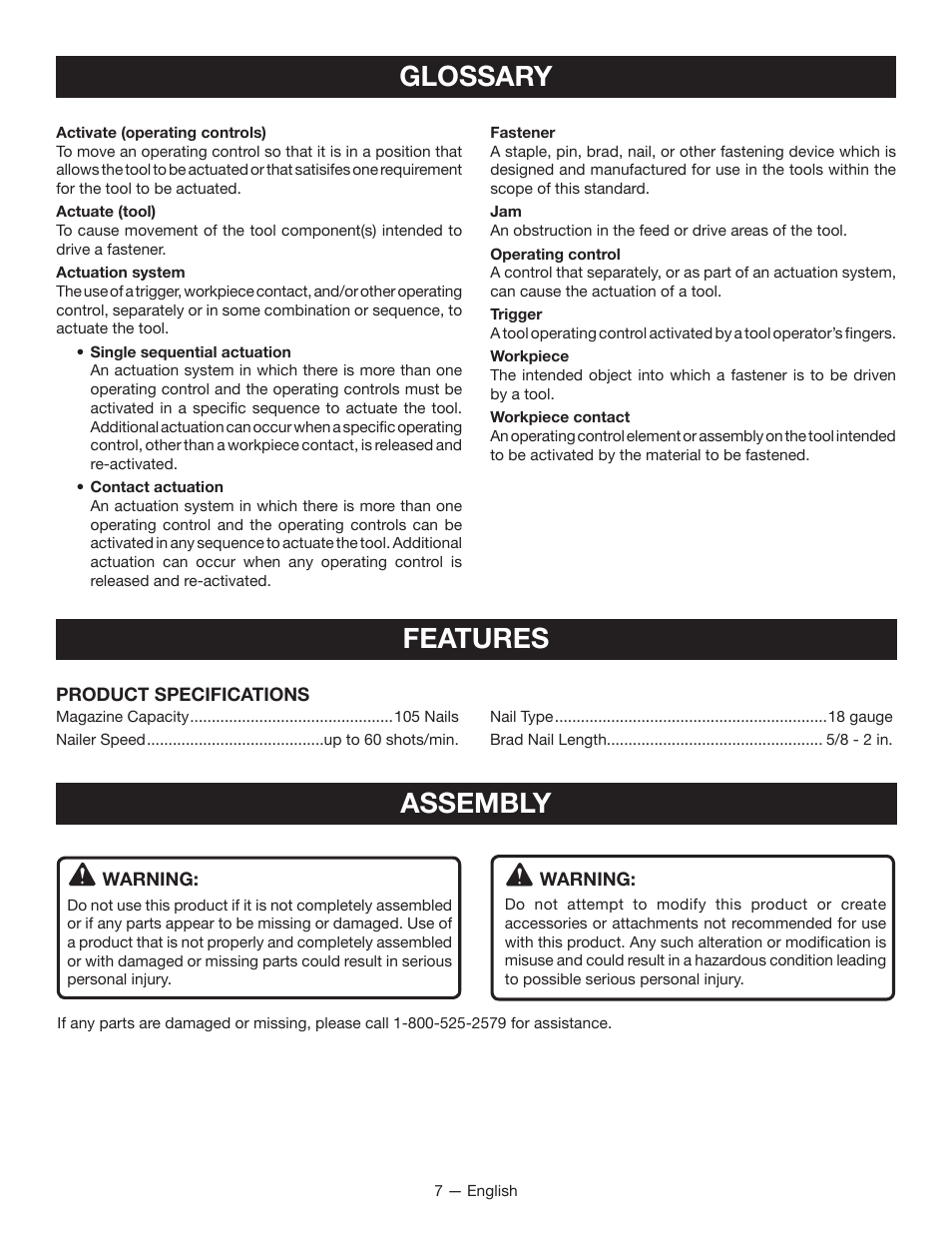 Glossary, Features, Assembly | Ryobi P320 User Manual | Page 7 / 36