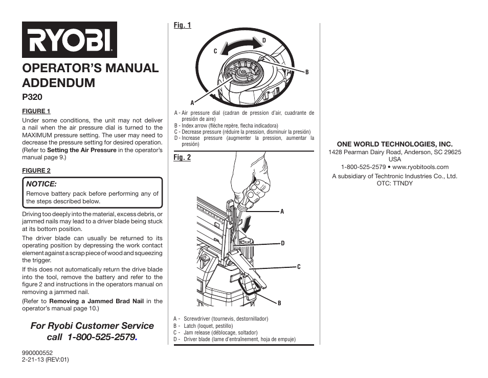 Ryobi P320 User Manual | 2 pages