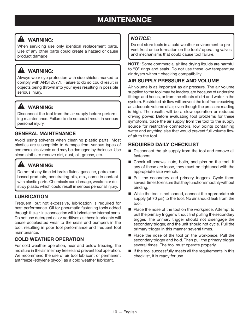 Maintenance | Ryobi YG100P User Manual | Page 10 / 36