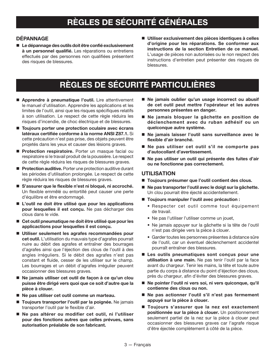 Règles de sécurité générales, Règles de sécurité particulières | Ryobi YG100P User Manual | Page 13 / 36