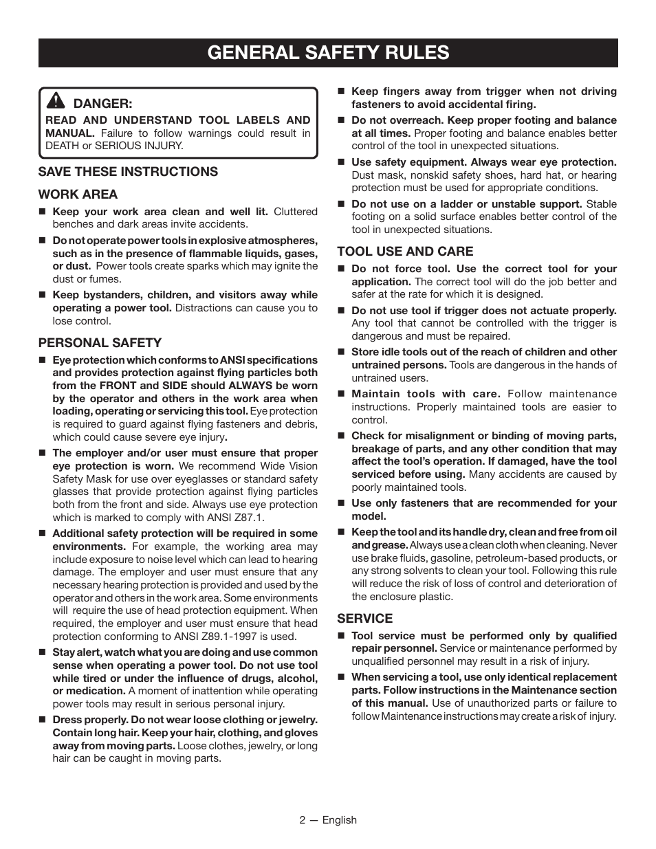 General safety rules | Ryobi YG100P User Manual | Page 2 / 36